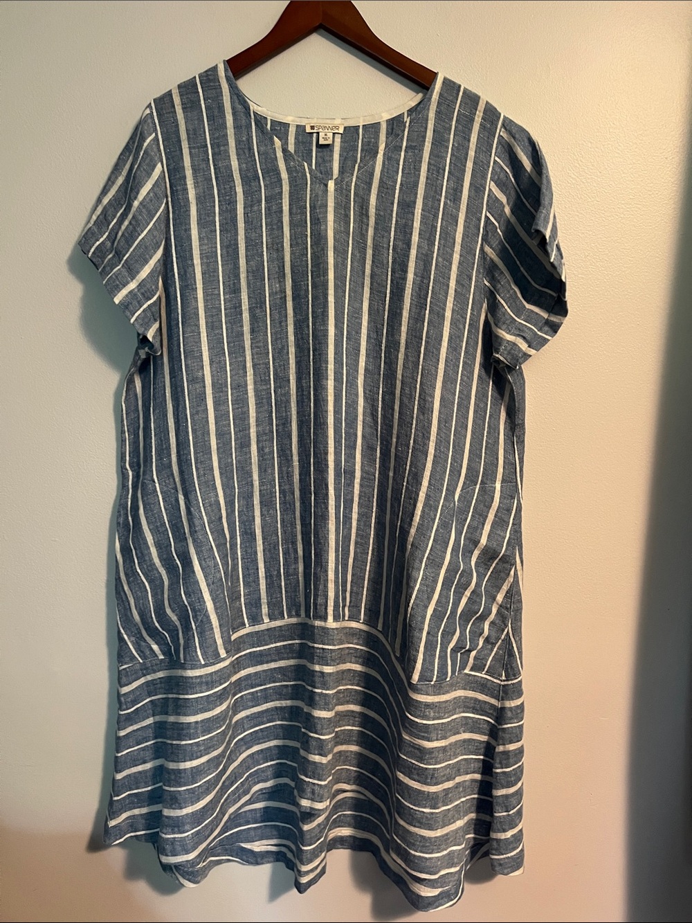 SPANNER Blue & White Striped Linen Sheath Dress, sz XL
